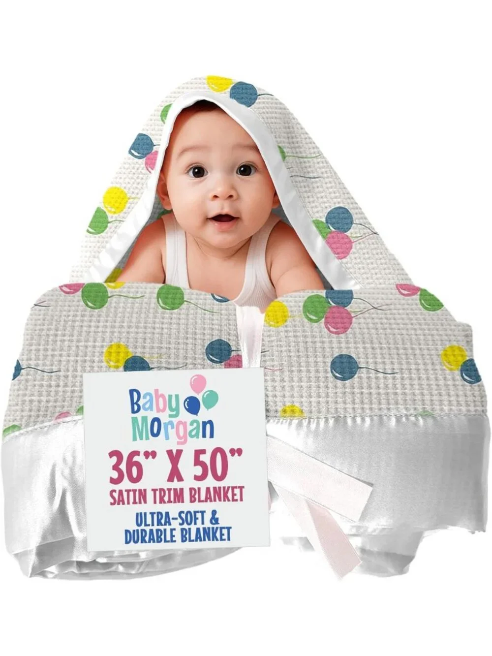 Cozy Thermal Waffle Baby Blanket with Satin Trim, Balloon Pattern 36